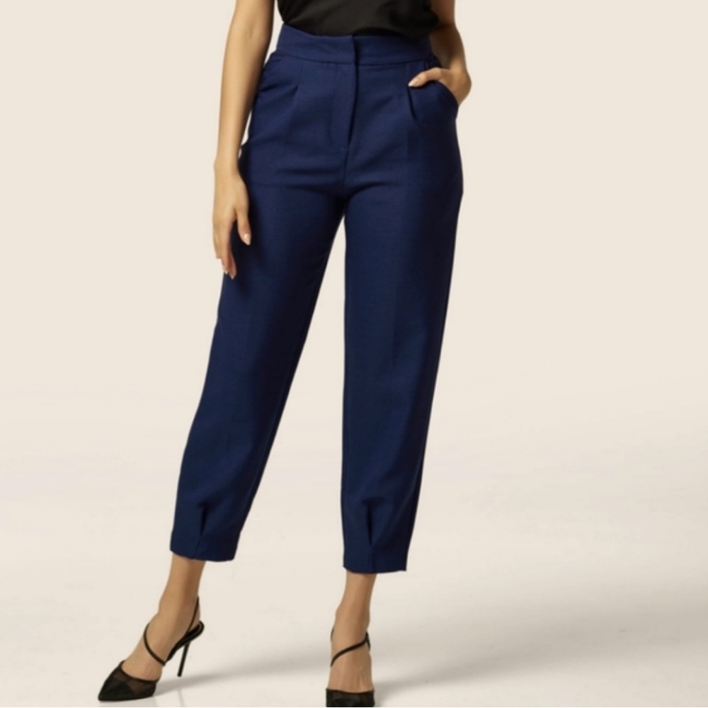 COS Navy Blue Pleated Tapered Leg High Rise Ankle Cropped Trouser Pant